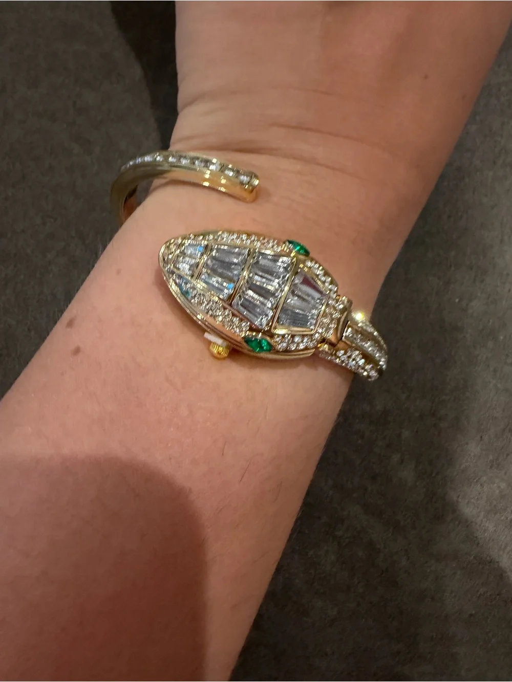 Gold Crystal Snake Cuff Bracelet with Green Accents